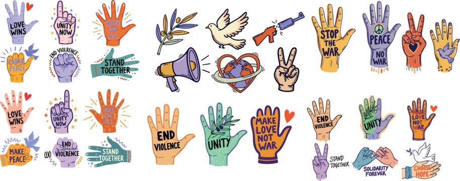 Colorful hand drawn doodle style peace protest vector art with raised hands, anti war slogans, dove and megaphone solidarity symbols in playful cartoon layout - Powered by Adobe