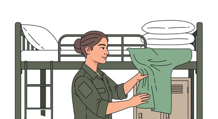 Military woman making the bed in her dorm room