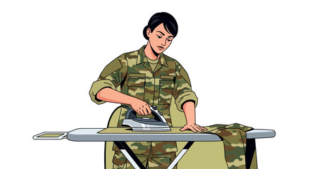 Woman soldier ironing uniform on a board in the home