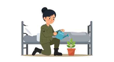 Soldier watering a plant with caring attitude
