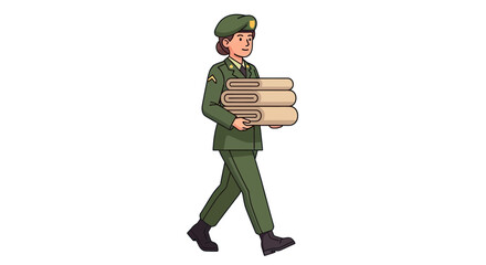 Soldier in uniform carrying folded towels with positive expression