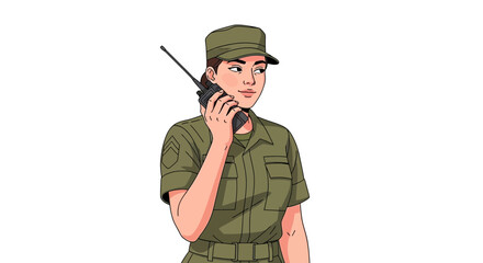 Woman soldier using radio for communication on black background