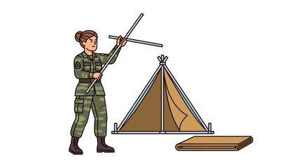 Woman soldier setting up a tent in the wilderness