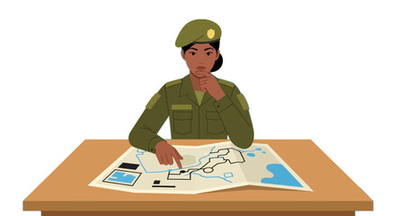 Soldier in uniform planning strategy on a detailed map