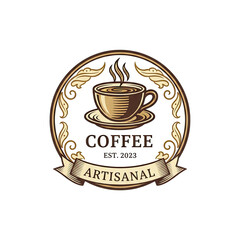 Vintage coffee emblem with steaming cup and ornate border rustic text reads coffee artisanal est 2023 on beige ribbon isolated on black background