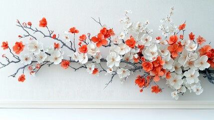A decorative floral branch with orange and white flowers is mounted on a white wall, creating a visually appealing display.