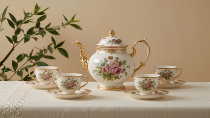 Fototapeta premium A porcelain tea set with floral patterns, consisting of a teapot, four teacups, and matching saucers.