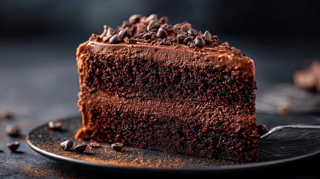 Indulge in a slice of decadent chocolate cake, a dark background enhances the rich flavors and creates a mouthwatering dessert experience