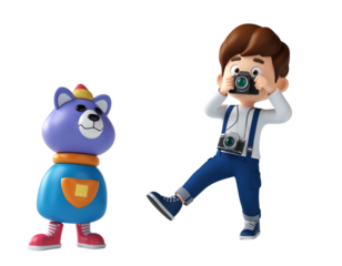 Boy Photographer With Camera Striking Pose.