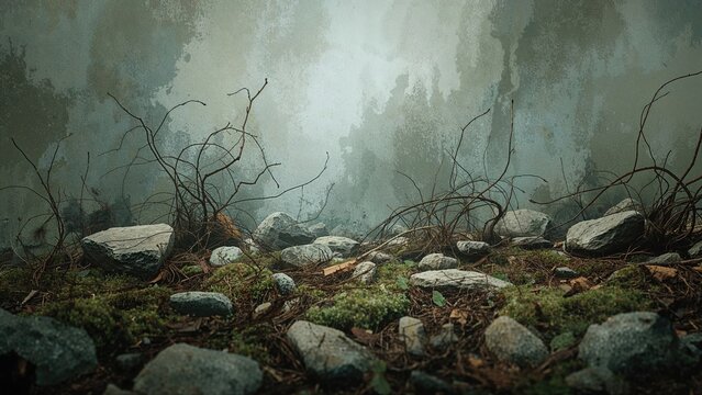 Rocks, twigs, and moss on the ground with a misty, textured wall in the background. Nature and outdoor scene. Earthy tones and natural elements.