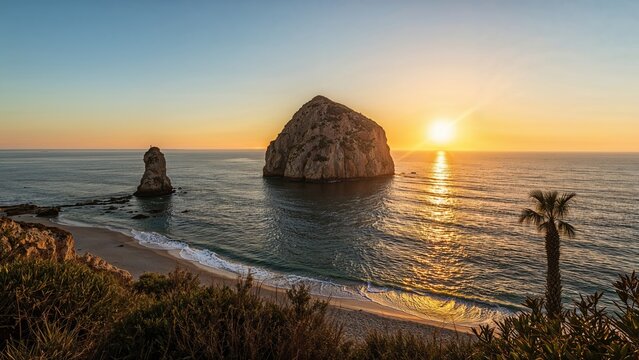 A coastal scene at sunset with large rock formations in the water, a sandy beach, and palm trees in the foreground. - Powered by Adobe