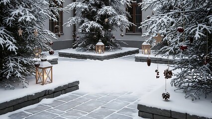 A cozy, snow-covered courtyard with decorated Christmas trees and glowing lanterns providing a warm, festive atmosphere.