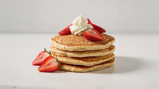 Stack of pancakes topped with whipped cream and strawberries, with additional strawberries beside. Breakfast and dessert. The concept of sweet food and breakfast dishes. - Powered by Adobe