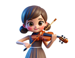 Cartoon girl playing violin with bow.