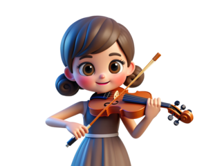 Cartoon girl playing violin with bow.
