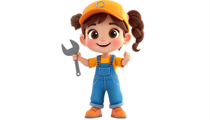 Cartoon Little Girl Construction Worker With Helmet And Wrench.