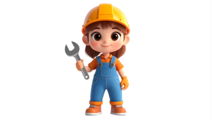 Cartoon Construction Worker Girl Character with Wrench.