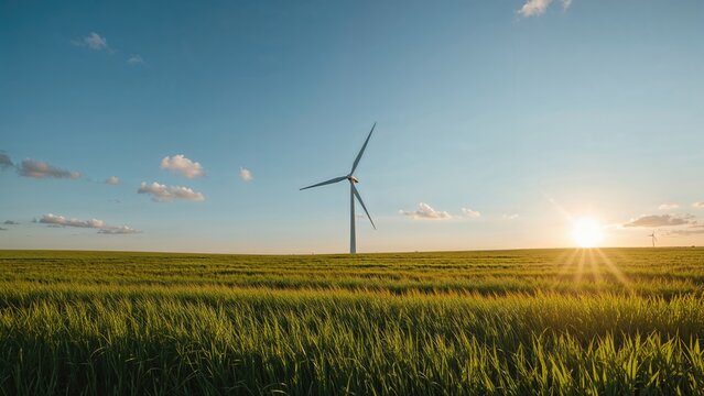 Wind turbine in a green field during sunrise or sunset with a clear sky. Renewable energy and environment, concept. Green technology and sustainable power sources.