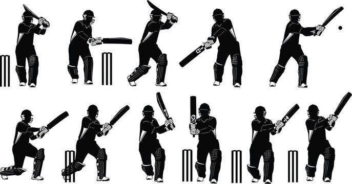 Cricket player silhouette vector set, batsman hitting ball action poses, and sports championship icons isolated on white background for team logo design.