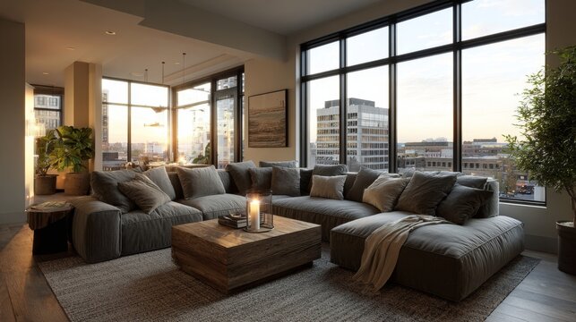Cozy modern living room with city view during sunset in urban apartment setting