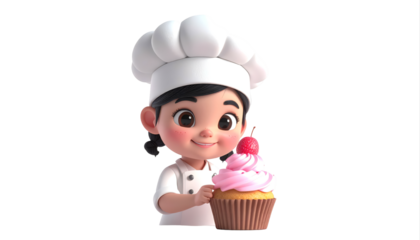 Cartoon Chef Girl Holding Cupcake In White Hat.