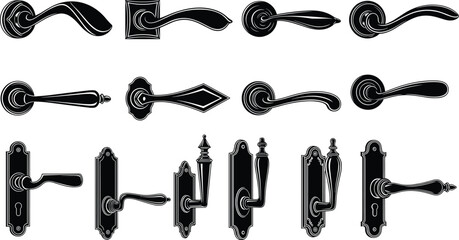 Door handle silhouette vector set, vintage knob collection, and ornate lever icons isolated on white background for interior design and home renovation.