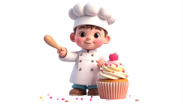 Cartoon Pastry Chef Character With Cupcake.
