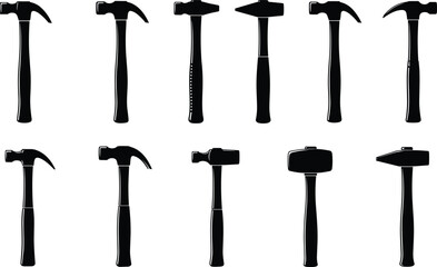 Hammer silhouette vector set, carpentry tool icons, and construction equipment isolated on white background for home repair, workshop, and handyman design.