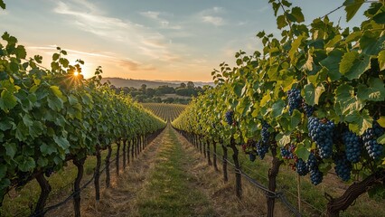 Vineyard at sunset with rows of grapevines and ripe grapes, picturesque landscape, agricultural scene, vineyards, agriculture, the concept of winemaking and agriculture.