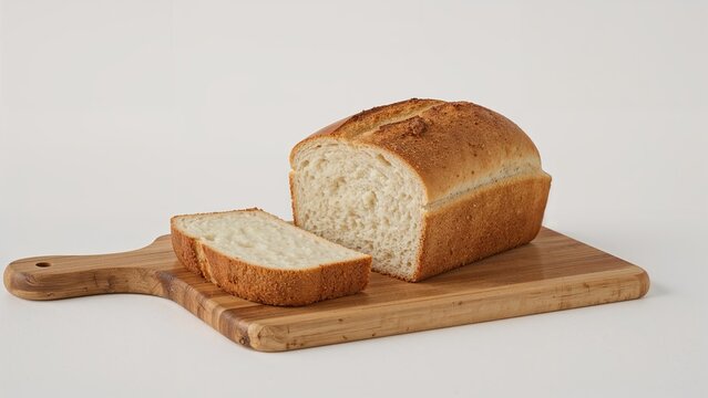 Fresh bread loaf on a wooden cutting board with a sliced piece ready to serve.