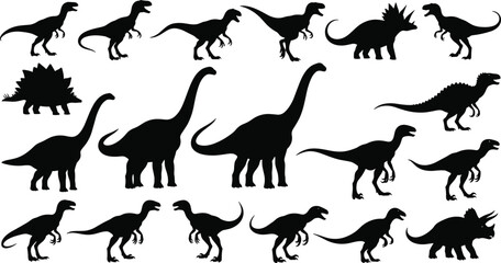 Large collection of prehistoric dinosaur silhouettes, black vector reptile icons including tyrannosaurus, triceratops and diplodocus, isolated illustration set for ancient wildlife design.