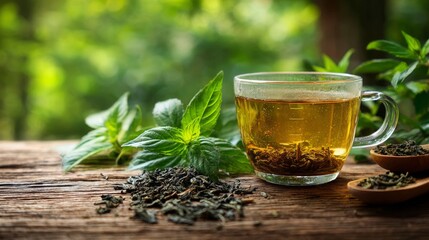 Enjoying a fresh cup of herbal tea surrounded by green leaves in a serene outdoor setting