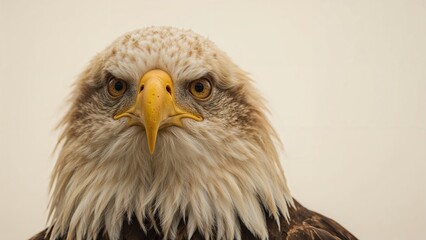 Fototapeta premium Close-up of an eagle's head with sharp eyes and a yellow beak. Wildlife and predator concept. Bird of prey. The focus on the eagle's facial features.