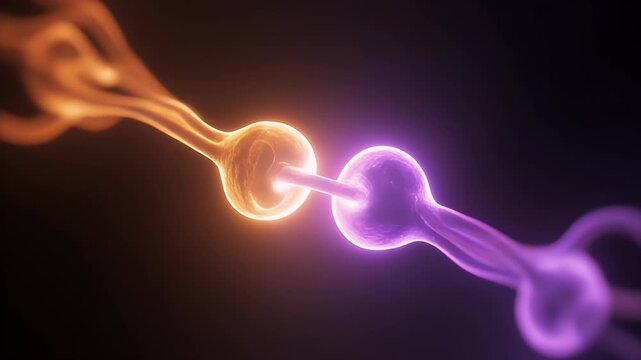 Abstract neuron connection visualization, glowing orange and purple nerve cells firing, synapse concept, biological neural network background, brain activity, scientific 3D rendering animation. - Powered by Adobe