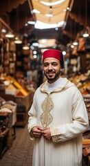 Obraz premium Smiling Moroccan Man in Traditional Attire at Market.