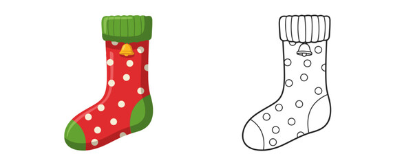 Colored and outline drawing of a festive red christmas sock with white polka dots green cuff and small bell illustration