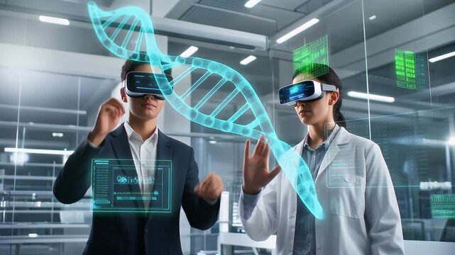 Two scientists wearing VR headsets analyzing holographic DNA strand in modern laboratory, futuristic biotechnology research, medical innovation concept, virtual reality data visualization. - Powered by Adobe