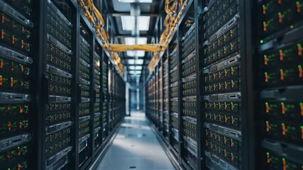 Inside a data center server room with rows of racks. - Powered by Adobe