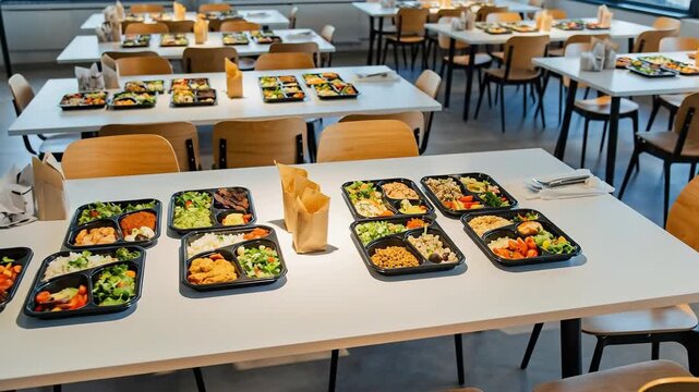 School Cafeteria Lunches Arranged On Tables For Students.