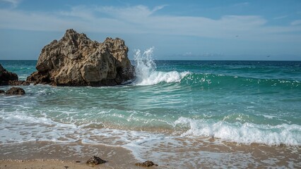 Photo of a rocky sea coast with waves crashing against the rocks and sandy beach.