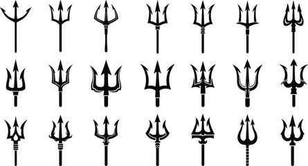 Trident silhouette vector collection, black pitchfork weapon icons, and ancient spear symbols isolated on white background for mythology logo and sea god design.