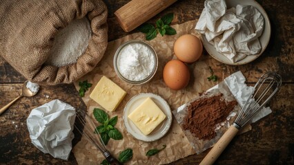 Baking ingredients on a rustic wooden surface, including butter, eggs, flour, cocoa, and mint leaves, with baking tools and paper wrappings.