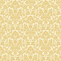 Gold damask seamless pattern floral vector background, designed as an elegant gold damask seamless pattern for classic decor, featuring an ornate gold damask seamless pattern for wallpaper and textile