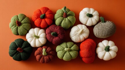 Colorful handmade crochet pumpkins on an orange background during autumn season
