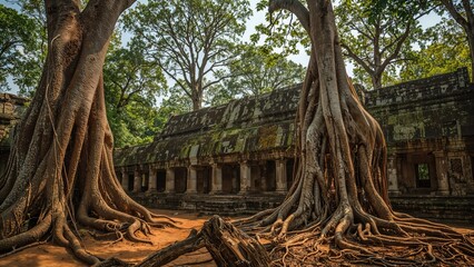 Ancient temple ruins overgrown with massive tree roots in a jungle setting.