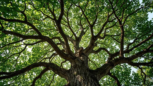 A large tree with sprawling branches and abundant green leaves against the sky, viewed from beneath.