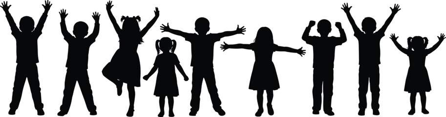 Vector illustration of happy children silhouettes with raised hands, group of joyful kids standing together, celebrating success, isolated black figures on white background.