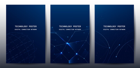 Futuristic digital blue line technology poster set, glowing lines innovation and connection network background for tech event poster or presentation product business © Aneg