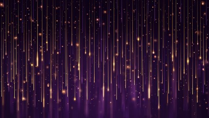 dark background, light stripes of golden rain falling down from the sky, minimalism dark purple gradient, simple lines and shapes golds and purples, blurred edges, glowing lights Generative AI