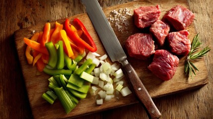 Colorful vegetables and fresh meat prepare for cooking on a wooden cutting board